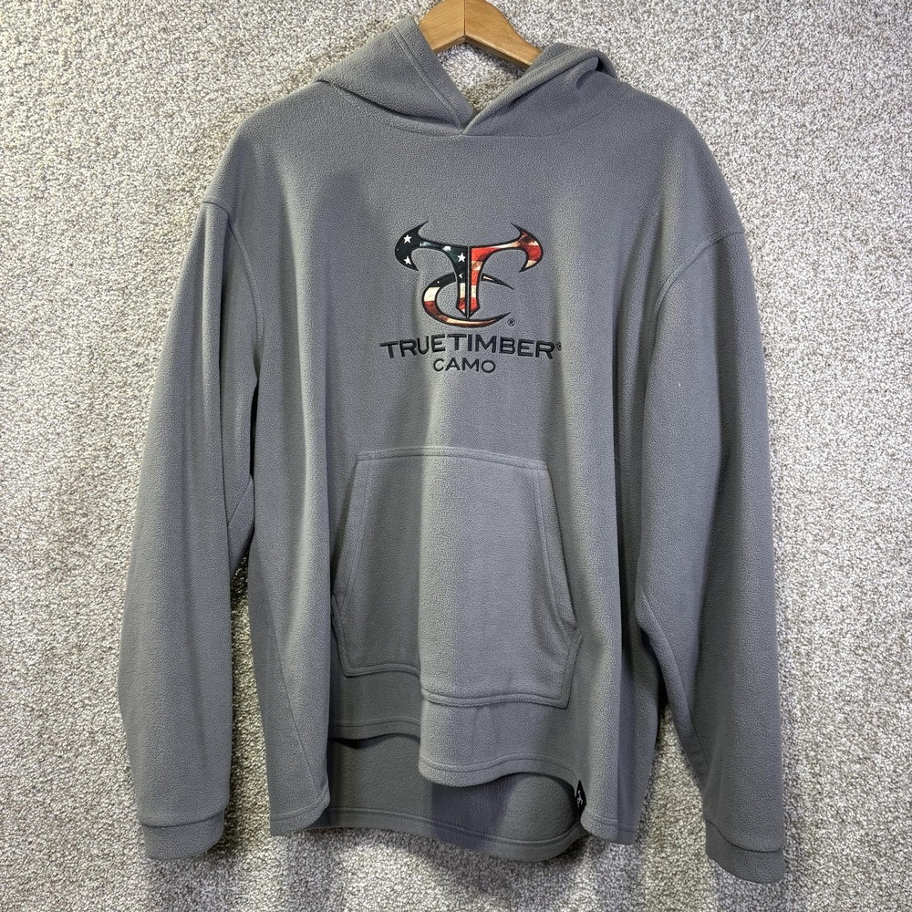TrueTimber Hoodie Mens XL Gray‎ Fleece Pullover USA Flag Logo Sweatshirt Hunting